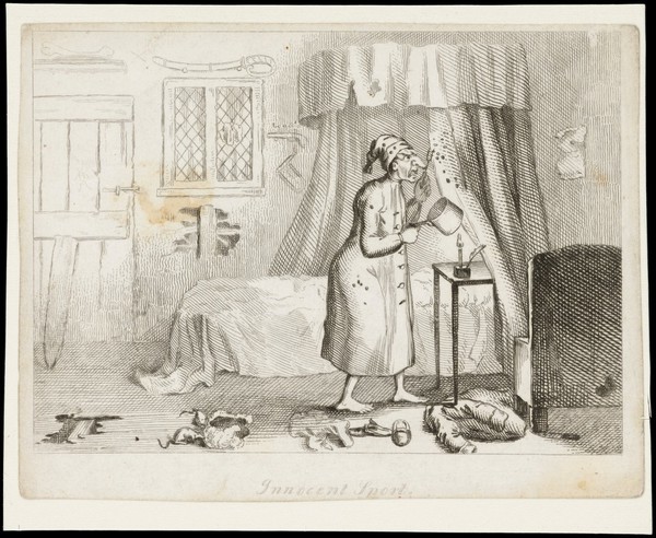 A man in bedclothes prising insects (?) off his bed-curtains with a fork into a saucepan. Etching by T.L. Busby, ca. 1826.