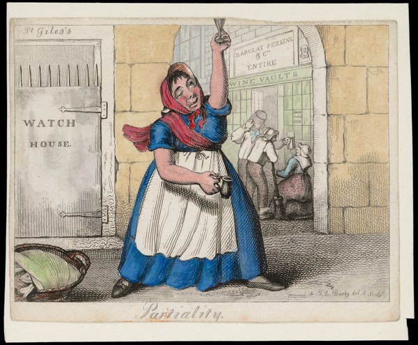 A drunken woman standing in the street in St Giles's, London. Coloured etching by T.L. Busby, ca. 1826.