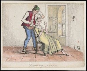 view A shopkeeper sews up his wife's mouth to stop her from nagging. Coloured etching by T.L. Busby, ca. 1826.