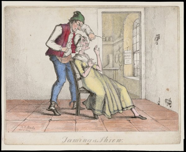 A shopkeeper sews up his wife's mouth to stop her from nagging. Coloured etching by T.L. Busby, ca. 1826.
