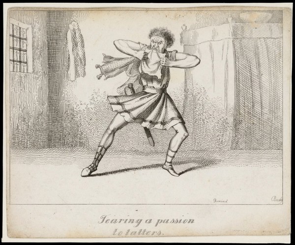 A lunatic in a barred cell imagines himself to be a leading actor in a melodrama. Etching by T.L. Busby, ca. 1826.