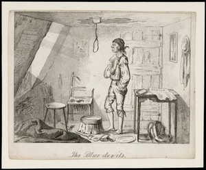 view A poor depressed man prepares to hang himself in a noose attached to the ceiling. Etching by T.L. Busby, ca. 1826.