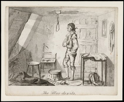 A poor depressed man prepares to hang himself in a noose attached to the ceiling. Etching by T.L. Busby, ca. 1826.