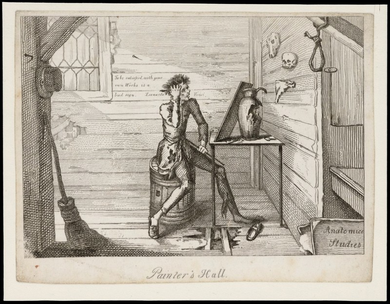 A poor painter seated at a canvas contemplates suicide. Etching by T.L. Busby, ca. 1826., [1826?], by Thomas Lord Busby