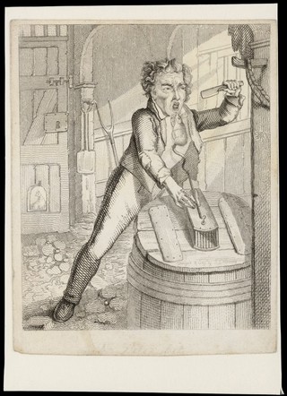 A man goes into a barn and opens a rat trap; a rat jumps put and bites him on the chin. Etching by T.L. Busby, ca. 1826.