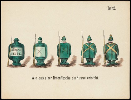 Evolution of household articles, animals etc. according to Darwin's doctrine. Colour lithographs by Fr. Schmidt, ca. 187-(?).