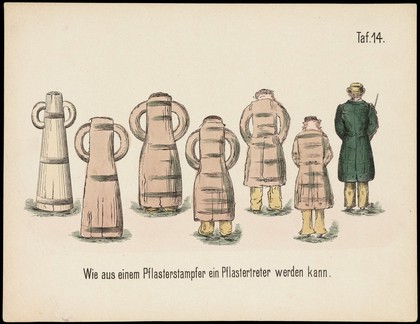 Evolution of household articles, animals etc. according to Darwin's doctrine. Colour lithographs by Fr. Schmidt, ca. 187-(?).