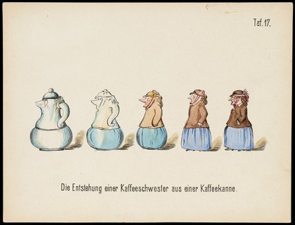 Evolution of household articles, animals etc. according to Darwin's doctrine. Colour lithographs by Fr. Schmidt, ca. 187-(?).