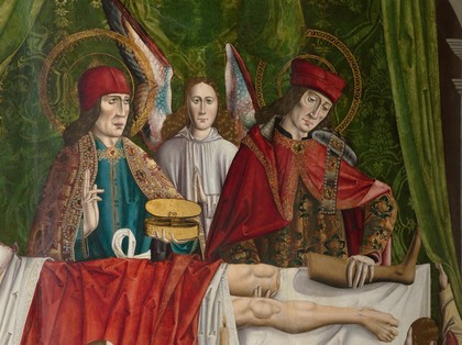 A verger's dream: Saints Cosmas and Damian performing a miraculous cure by transplantation of a leg. Oil painting attributed to the Master of Los Balbases, ca. 1495.