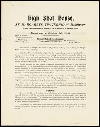 High Shot House, St. Margarets, Twickenham, Middlesex ... / resident medical superintendent: Thelwell Pike.
