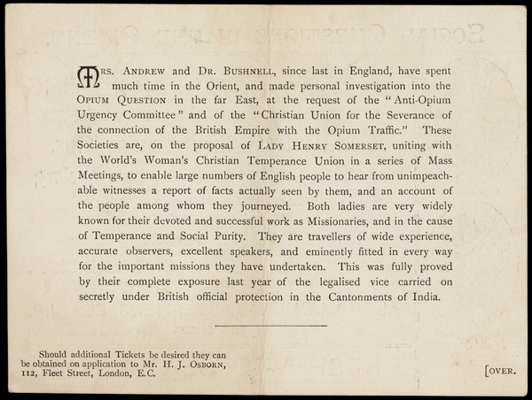 Social questions in the orient : great mass meeting (under the auspices of the Anti-Opium Urgency Committee, the Christian Union for the Severance of the Connection of the British Empire with the Opium Trade, and the World's W.C.T.U.) in the Central Hall, Newcastle-0n-Tyne, Friday evening, November 23rd, 1894.