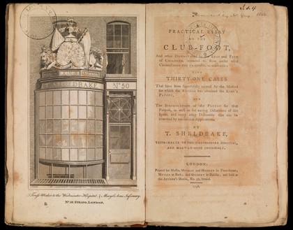 A practical essay on the club-foot, and other distortions in the legs and feet of children, intended to shew under what circumstances they are curable, or otherwise; with thirty-one cases that have been ... treated by the method for which the author has obtained the King's patent, and the specification of the patent for that purpose ... As well as for curing distortions of the spine, and every other deformity that can be remedied by mechanical applications / By T. Sheldrake.