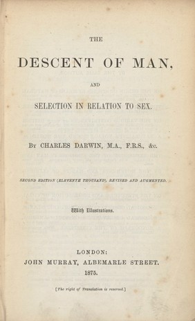 Titlepage of The Descent of Man by Charles Darwin, London, John Murray, 1875