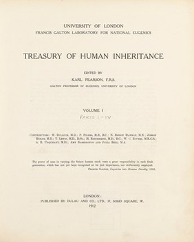 Titlepage of Treasury of Human Inheritance, edited by Karl Pearson, London, Dulau and Co, 1912