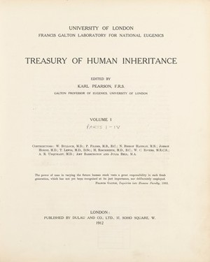 view Titlepage of Treasury of Human Inheritance, edited by Karl Pearson, London, Dulau and Co, 1912