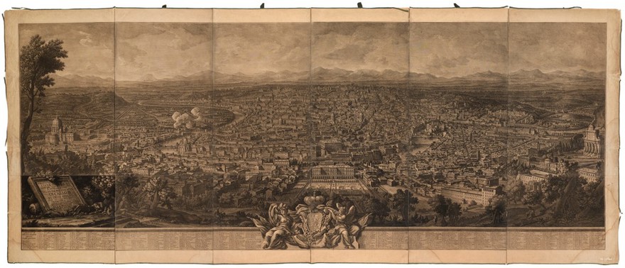 A prospect of the city of Rome from Janiculum. Etching by G. Vasi and G. Piranesi, 1765.