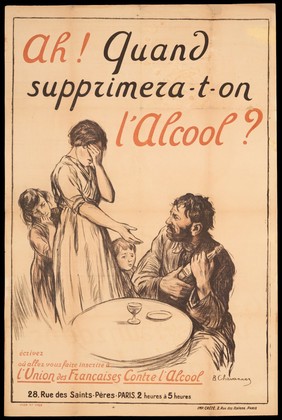 A wife asking her drunkard husband to hand over a bottle of alcoholic drink. Lithograph by B. Chavannaz, ca. 1920.