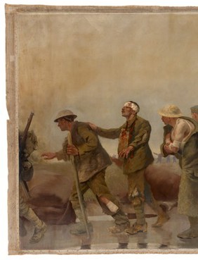 World War I: the Royal Army Medical Corps (RAMC) on active service. Oil painting by H.R. Mackey, ca. 1918.