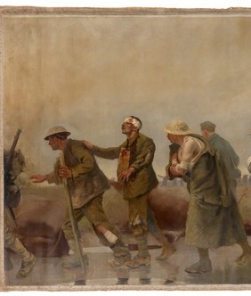 World War I: the Royal Army Medical Corps (RAMC) on active service. Oil painting by H.R. Mackey, ca. 1918.