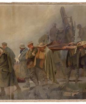 World War I: the Royal Army Medical Corps (RAMC) on active service. Oil painting by H.R. Mackey, ca. 1918.