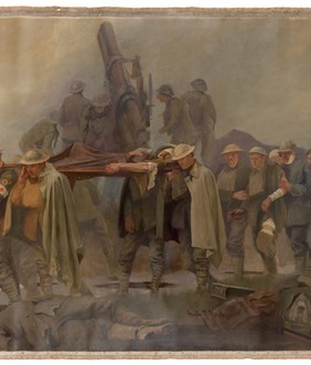 World War I: the Royal Army Medical Corps (RAMC) on active service. Oil painting by H.R. Mackey, ca. 1918.