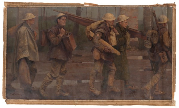 World War I: auxiliaries bringing stretchers, splints, rations and water for the Line. Oil painting by H.R. Mackey, ca. 1918.