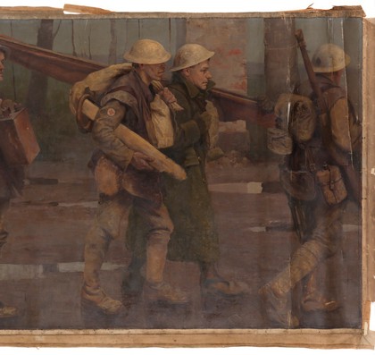 World War I: auxiliaries bringing stretchers, splints, rations and water for the Line. Oil painting by H.R. Mackey, ca. 1918.