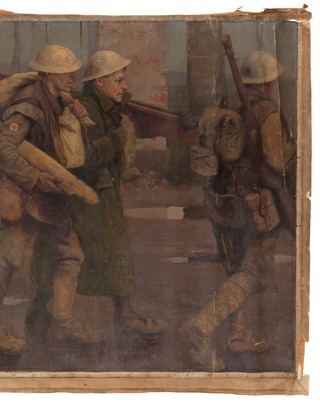 World War I: auxiliaries bringing stretchers, splints, rations and water for the Line. Oil painting by H.R. Mackey, ca. 1918.