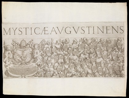 Dedication to Paul V and blessed Augustinians from the twelfth to the fifteenth century. Engraving by Oliviero Gatti, 1614.