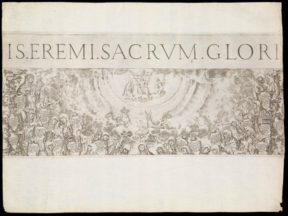 The Trinity with the Virgin and Saint John above blessed female Augustinians. Engraving by Oliviero Gatti, 1614.