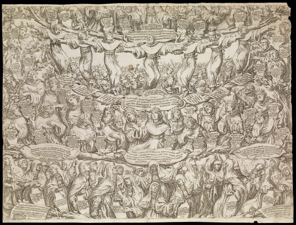 Saints, martyrs, Blessed Virgins and Nuns of the Augustinian order, in the centre, Saint Monica. Engraving by Oliviero Gatti, 1614.
