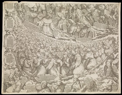 Martyred saints of the Augustinian order, who died under persecution through the Vandals in Africa, bishops and saints of the order and representations of the individual Augustinian orders. Engraving by Oliviero Gatti, 1614.