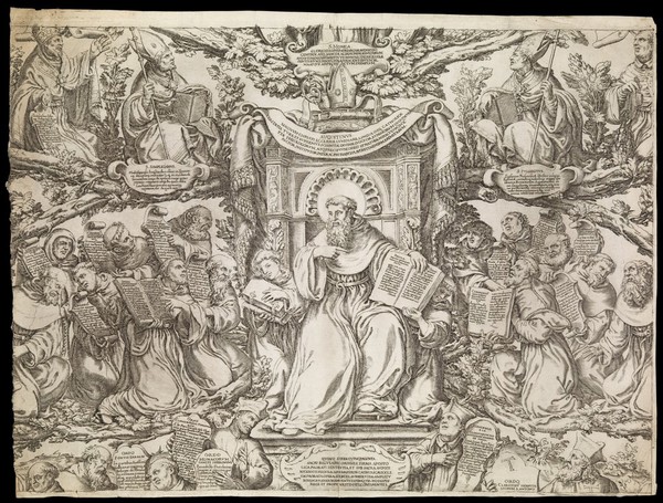 Saint Augustine of Hippo enthroned, surrounded by Saint Simplicianus, Saint Fulgentius and representations of the hermit congregations and orders of the Augustinian order. Engraving by Oliviero Gatti, 1614.
