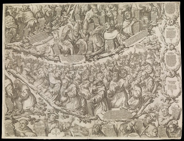 Martyr saints of the Augustinian order and representations of the individual orders. Engraving by Oliviero Gatti, 1614.
