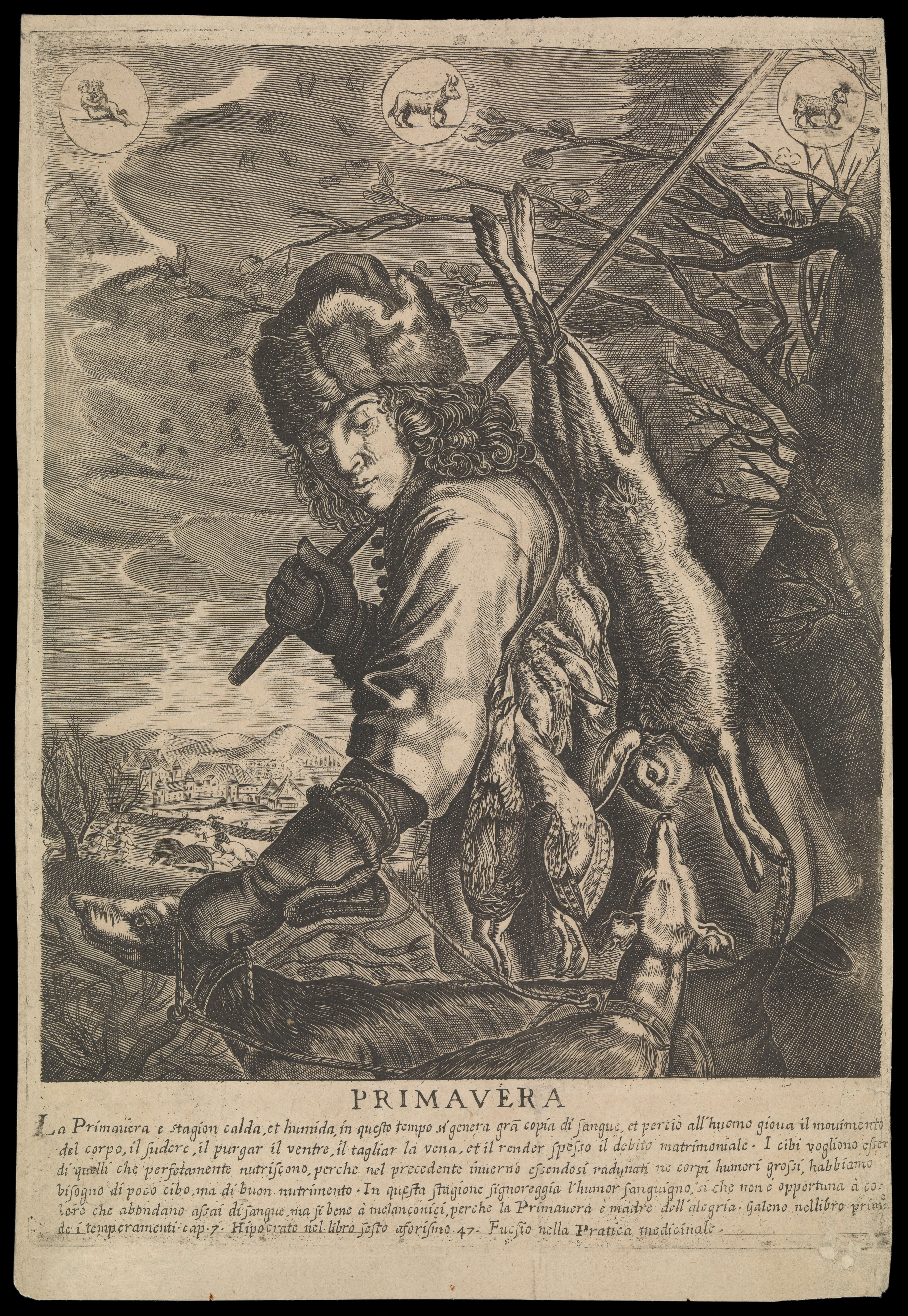 A young man returning from the hunt; representing the season spring. Engraving after Joachim von Sandrart I, ca. 1700.