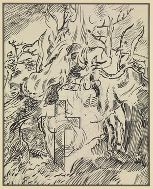 view Visions of a schizophrenic: the trunk of an ancient tree is consumed by fire, while a cross stands firm. Drawing by T. Hennell, ca. 1935.