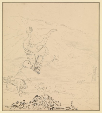 A man hurtles to earth where strange beasts roam and a man's half-devoured skeleton lies. 