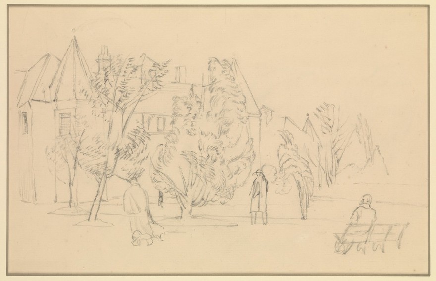 Part of Claybury Mental Hospital seen from the grounds. Drawing by T. Hennell, ca. 1935.