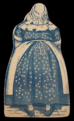 view Advertisment for Borax soap extract. Reverse side of Die Cut card. Image shows reverse side of a large, happy washerwoman using Borax soap extract.