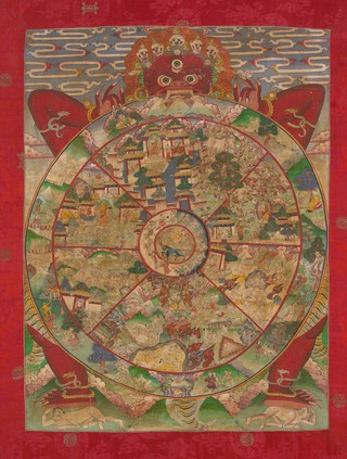 Yama holding the wheel of life. Distemper painting.