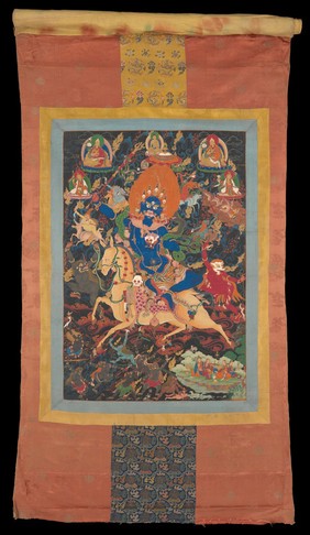 Dpal-Idan Lha-mo (Magzor Palden Lhamo, or Shri Devi), a Tibetan demon goddess riding on a mule. Distemper painting.