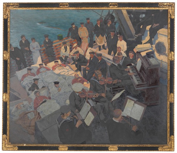 World War I: wounded sailors listening to musicians playing on board ship. Oil painting by Oswald Moser, ca. 1918.