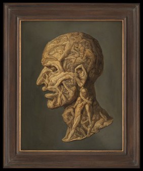 The head of a man composed of writhing nude figures. Oil painting by F. Balbi.