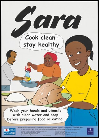 A girl holds a chicken on a plate as a man washes his hands: protecting against avian flu in Kenya. Colour lithograph by UNICEF and Longman, ca. 2000.