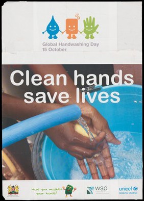 Washing hands: global handwashing day October 15th in Kenya. Colour lithograph by Ministry of Public Health and Sanitation, ca. 2008.