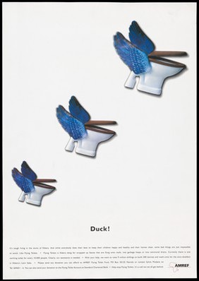 Three toilets in the form of ducks in flight: appeal to improve sanitation in the slums of Kibera. Colour lithograph by AMREF, 2001.