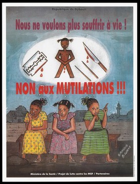 Campaign against female genital mutilation in Djibouti. Colour lithograph by A. Rachid and A. Djama for Ministère de la Santé MGF project, ca. 2010.