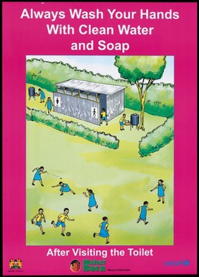 School children visiting a segregated corrugated toilet and washing their hands: hygiene in Kenya. Colour lithograph by Ministry of Health, ca. 2000.