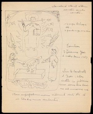 view A rough pen-drawing of the tomb of Étienne Yves 1467 in Nôtre Dame de Paris.