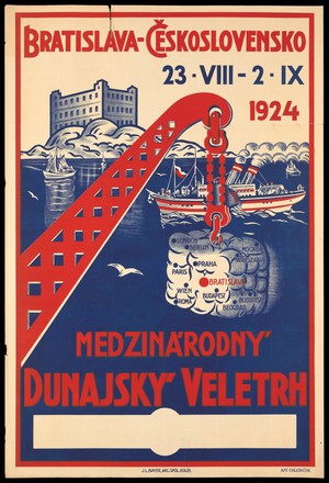 view Bratislava: the International Danube trade show, 1924. Lithograph by Ant. Chlebeček, 1924.